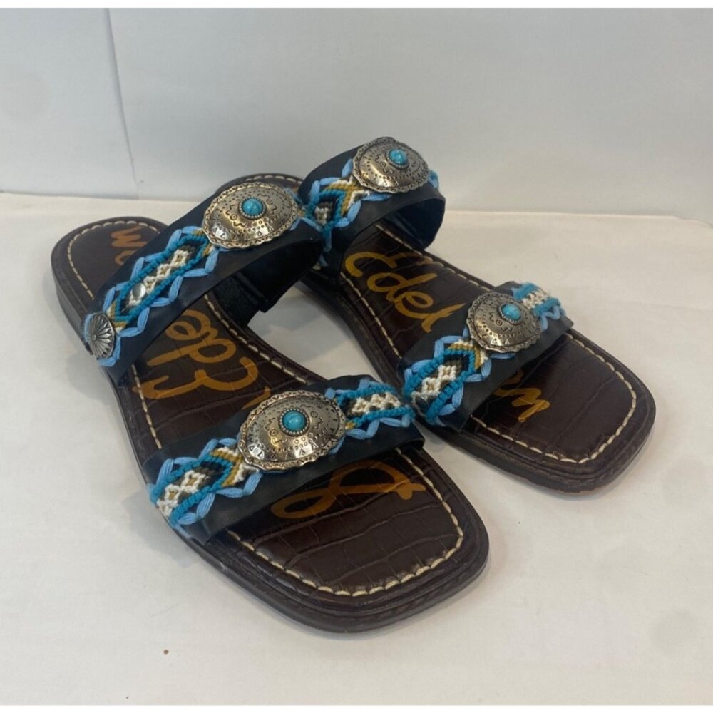Sam Edelman Brown Leather Slide Sandals with Turquoise and Blue Accents